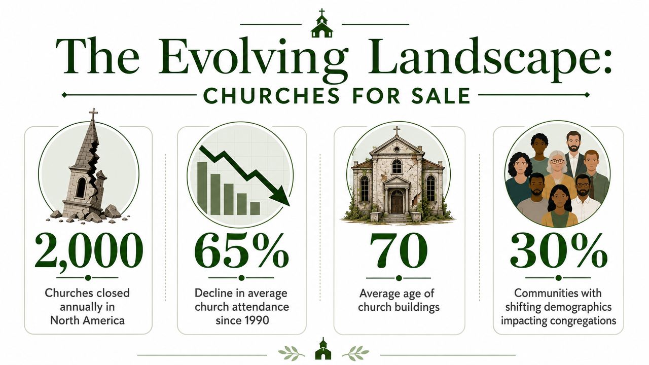 An infographic titled The Evolving Landscape showcasing statistics on church closures, declining attendance, and aging infrastructure.