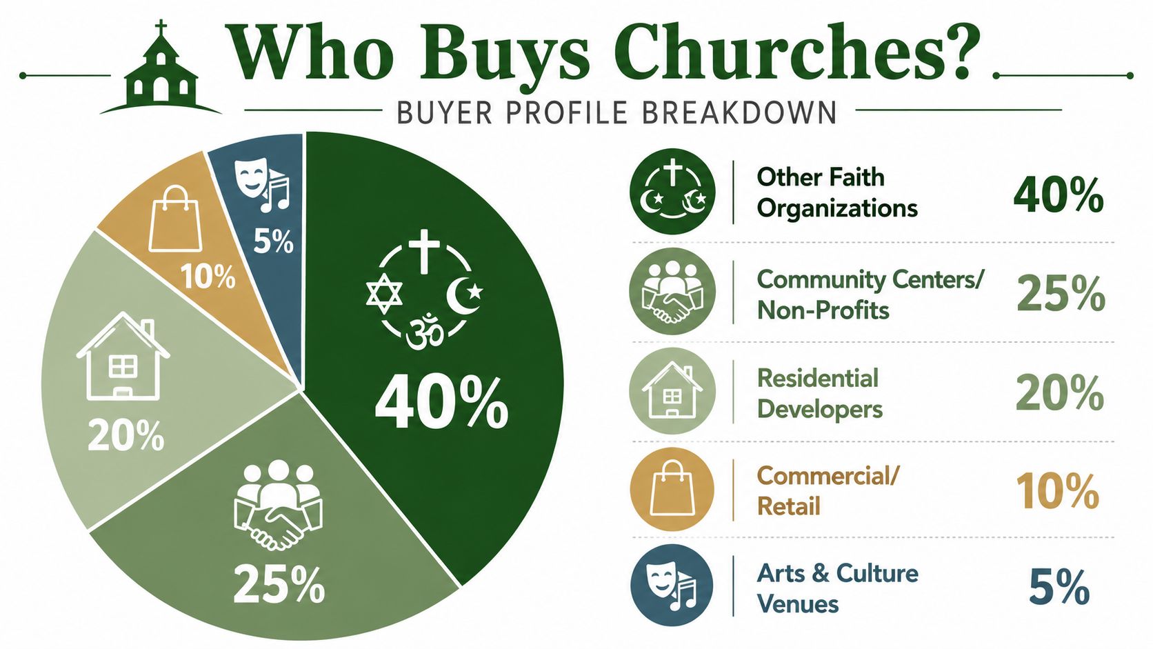 A pie chart infographic detailing the breakdown of buyer profiles that purchase church properties.
