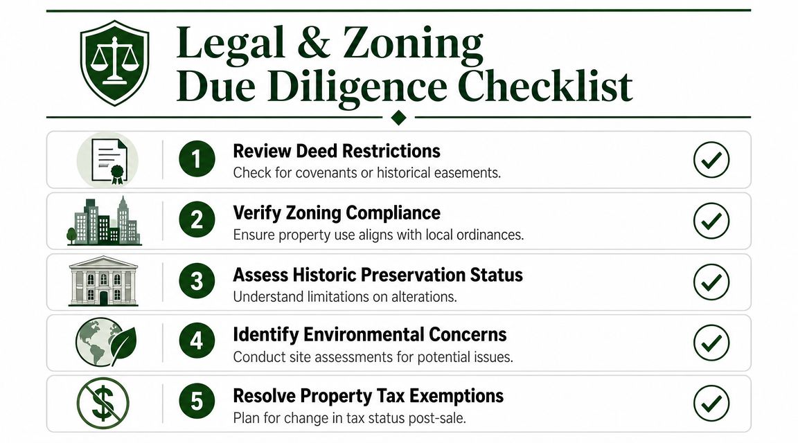 A checklist for legal and zoning due diligence for property acquisitions, featuring five key steps.