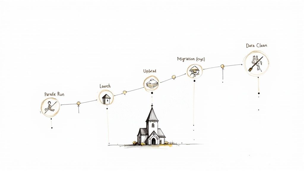 Hand-drawn timeline shows data processing steps: parallel run, launch, upload, migration, and data clean, with a church illustration.