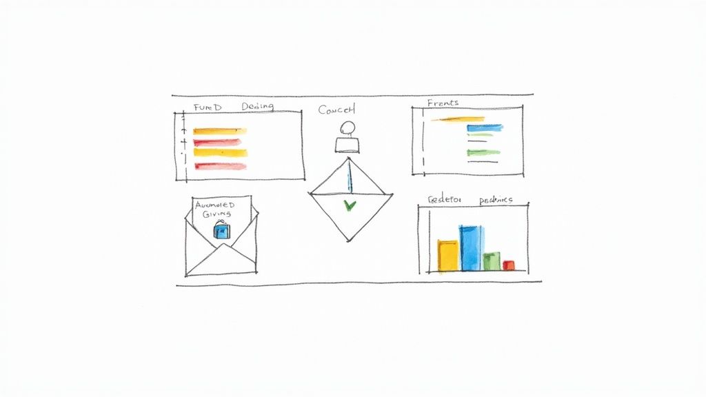 A hand-drawn diagram illustrating church fund accounting concepts with various charts and an envelope.