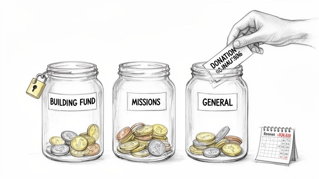 Three labeled jars for building, missions, and general funds, collecting coins, with a hand adding a donation slip.