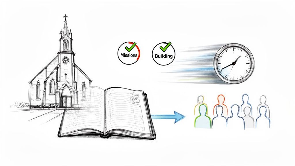 Sketch showing church, 'Missions' and 'Building' activities, clock, open ledger, and diverse people.