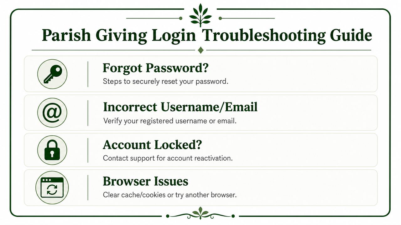 A visual troubleshooting guide for Parish Giving login issues, listing steps for passwords, emails, locks, and browser errors.