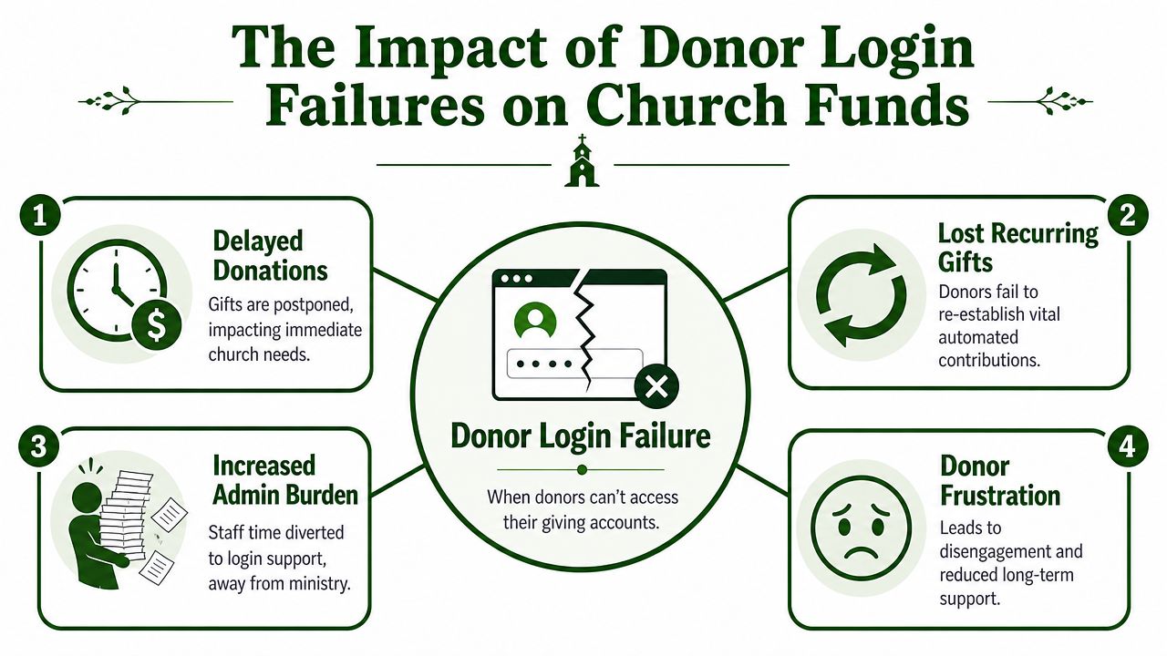 An infographic detailing how donor login failures negatively impact church funds and staff productivity.