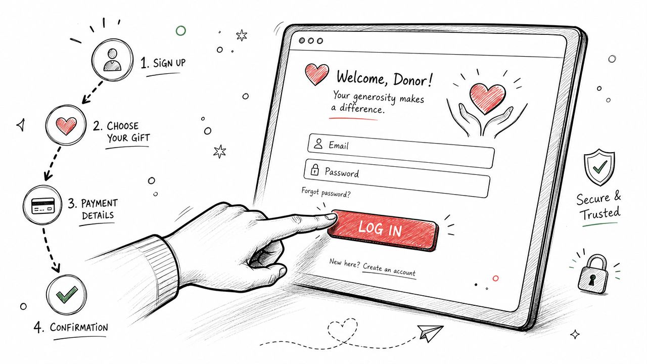 A hand touches a log in button on a screen showing a four-step donation process for donors.