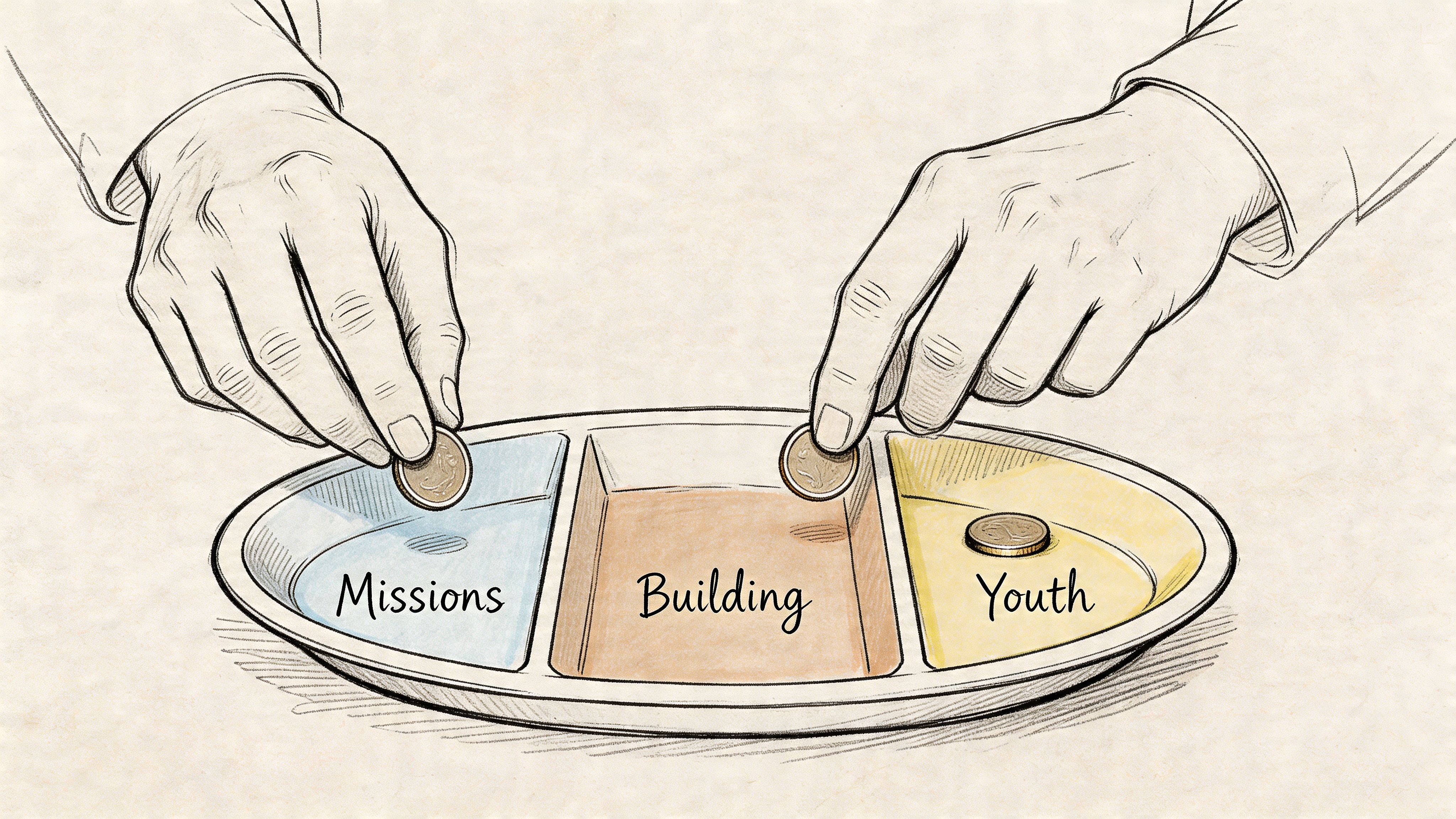 A hand placing a coin into a divided tray labeled Missions, Building, and Youth for church donations.