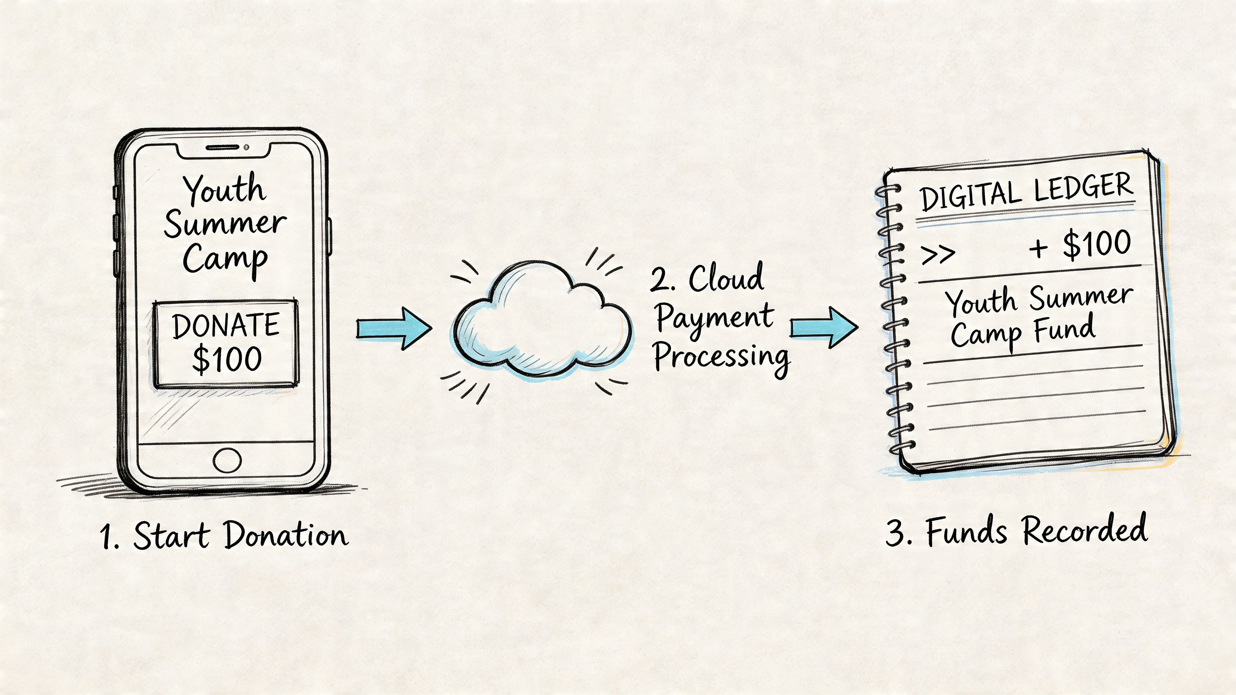 A diagram illustrating the donation process from a mobile app through cloud processing to a digital ledger.
