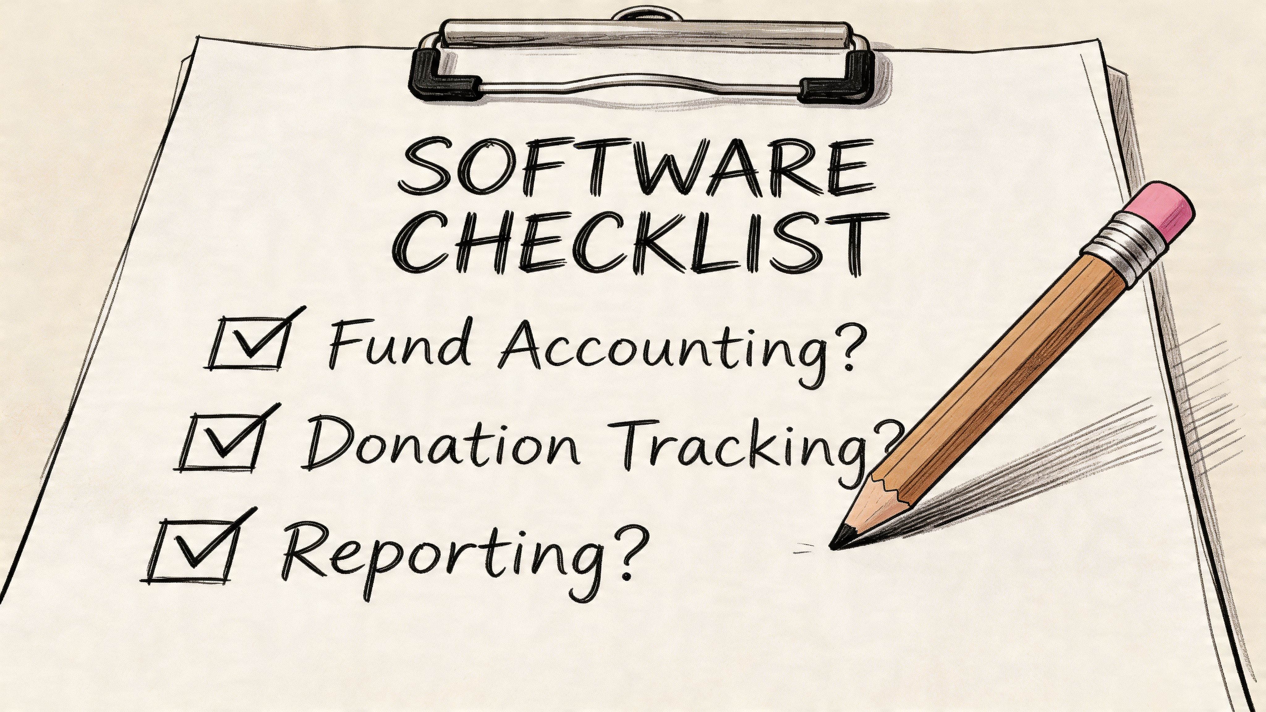 A clipboard showing a software checklist with Fund Accounting, Donation Tracking, and Reporting marked as checked.