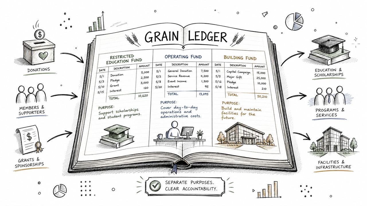 An illustrated Grain Ledger showing financial fund allocation for non-profit church accounting and organizational transparency.