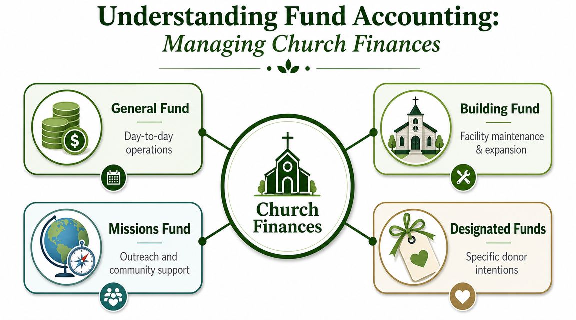 An infographic titled Understanding Fund Accounting illustrating four different types of church financial funds and their purposes.