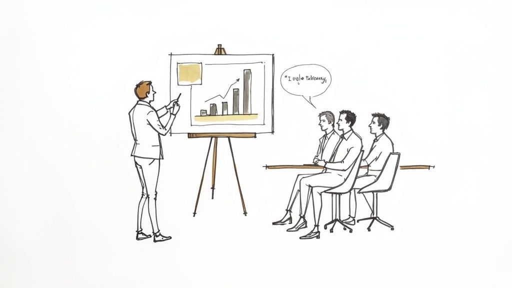 A group of nonprofit board members engaged in a meeting, reviewing financial charts and graphs.