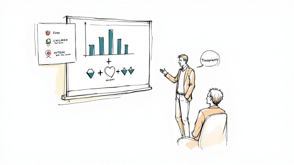 A hand-drawn illustration of a man giving a business presentation with charts and icons on a whiteboard to an audience member.
