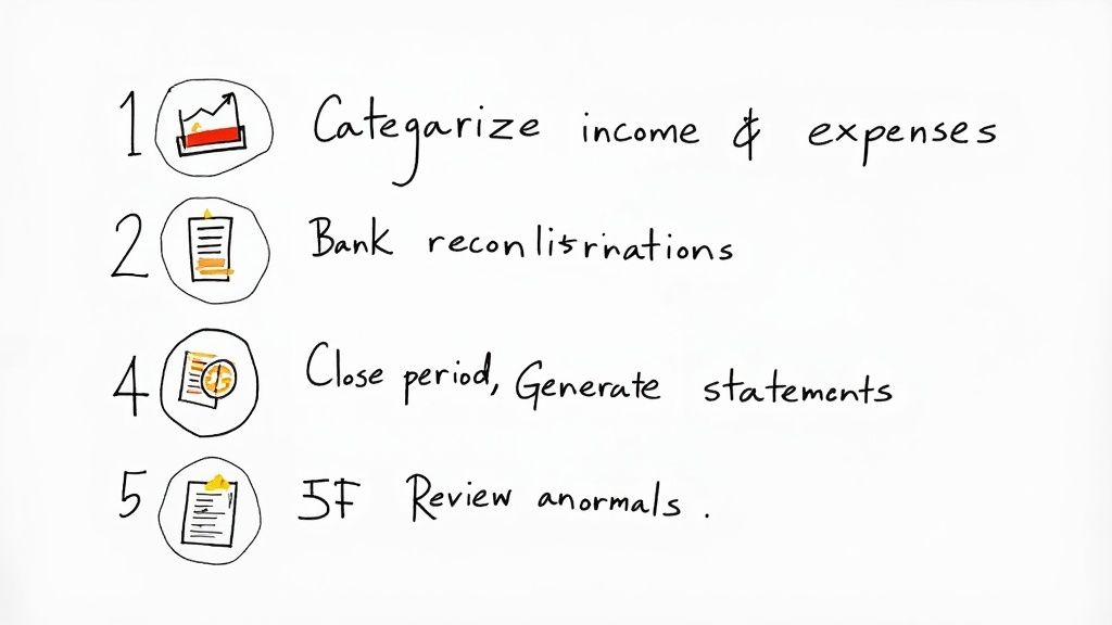 A handwritten list outlining steps in a financial reporting process, including categorization, reconciliations, and reviews.