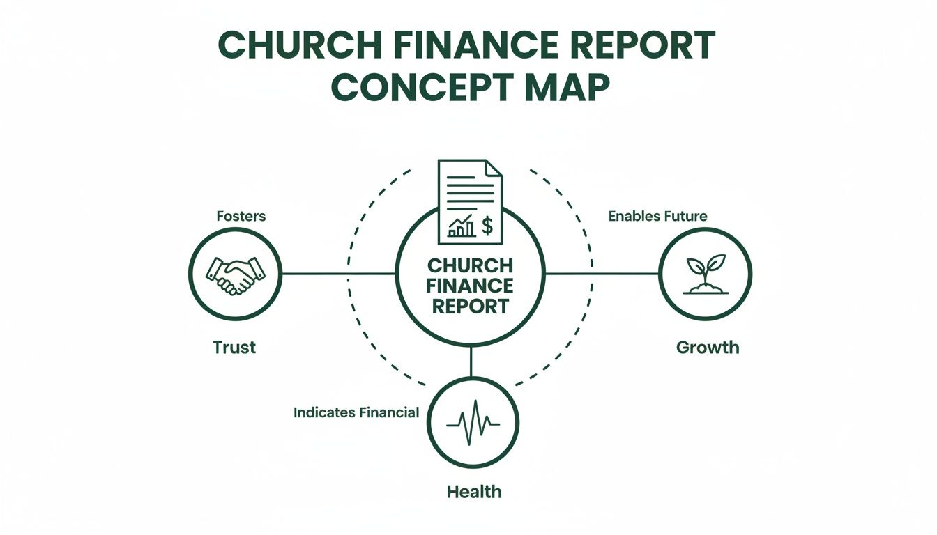 A concept map illustrates a Church Finance Report fostering trust, enabling future growth, and indicating financial health.