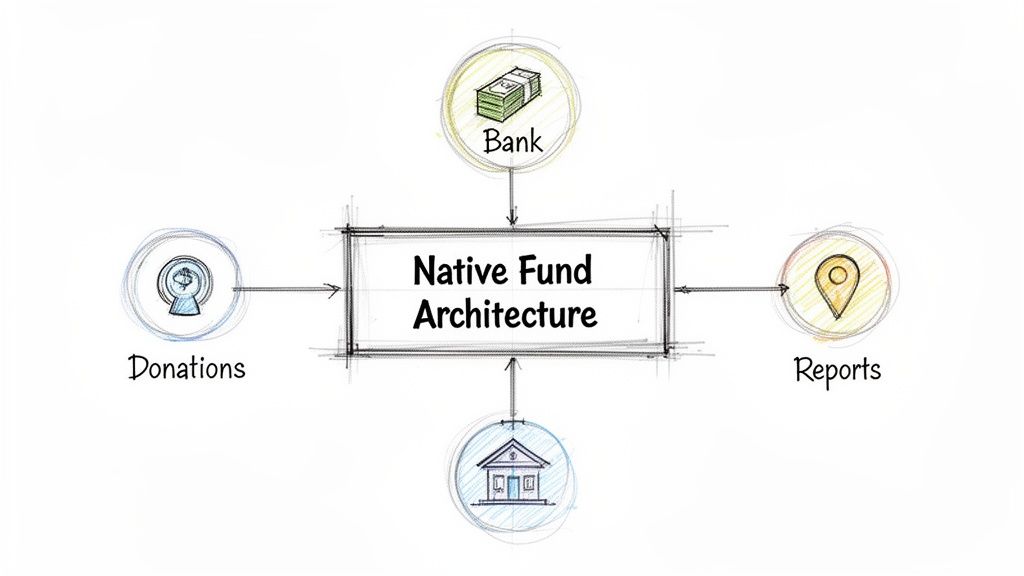 A visual diagram of Native Fund Architecture, detailing the flow from donations to banking, organization, and reports.