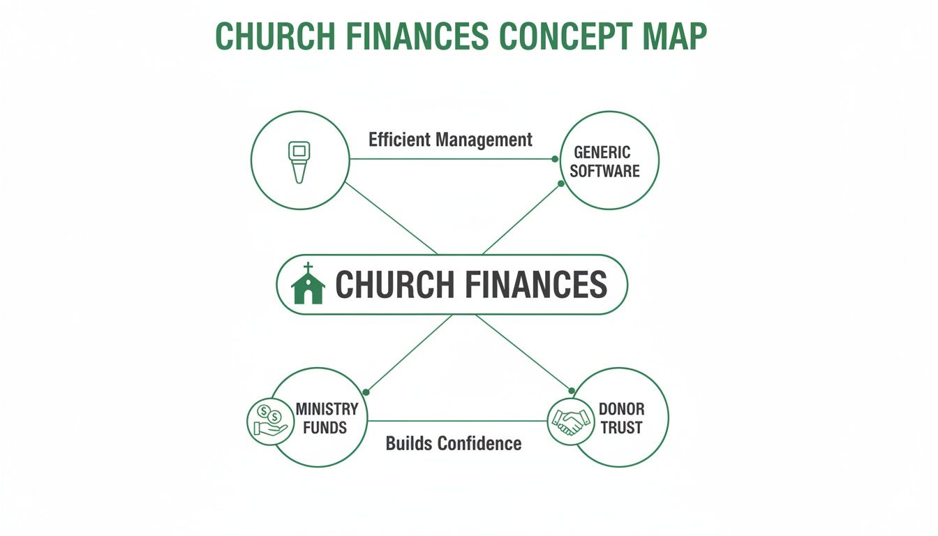 A concept map illustrates church finances, connecting efficient management, generic software, ministry funds, and donor trust, emphasizing confidence.