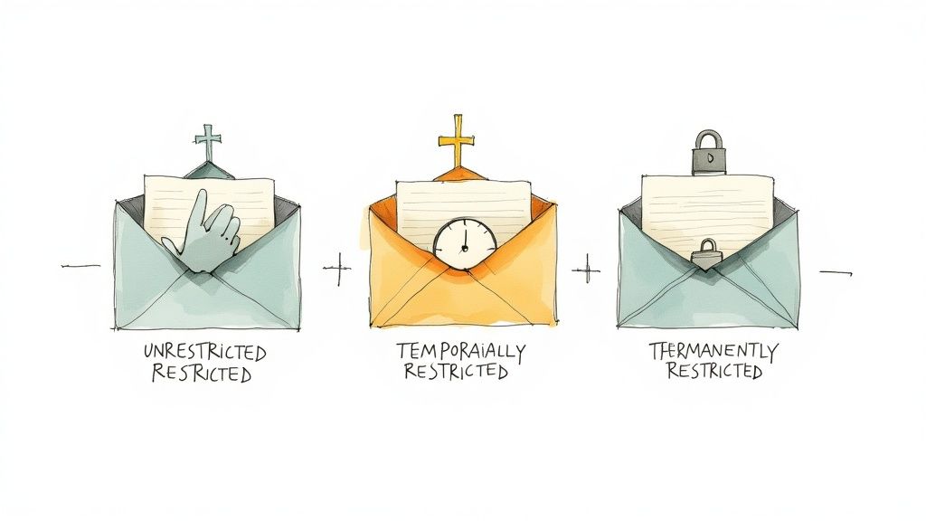 Three envelopes illustrating unrestricted, temporarily, and permanently restricted church financial reports.