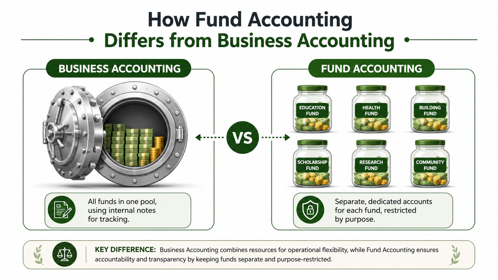 An infographic comparing business accounting, using one pool of funds, with fund accounting, which uses separate dedicated accounts.