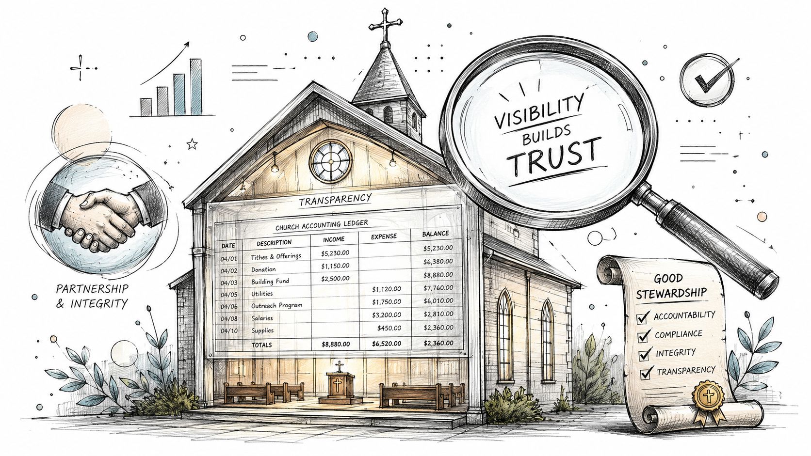A church building illustration with a financial accounting ledger, magnifying glass, and good stewardship principles list.