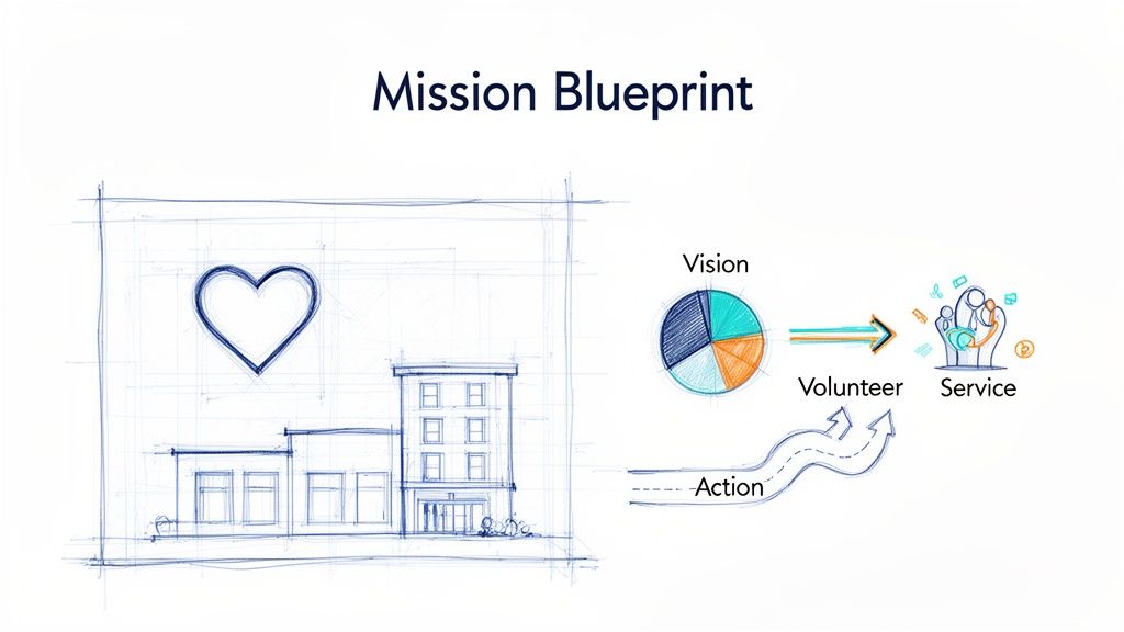 Blueprint sketch of a community building with a heart, detailing vision, action, volunteering, and service.