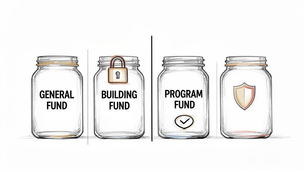 Four jars illustrating general, building, program, and protected funds for nonprofits.