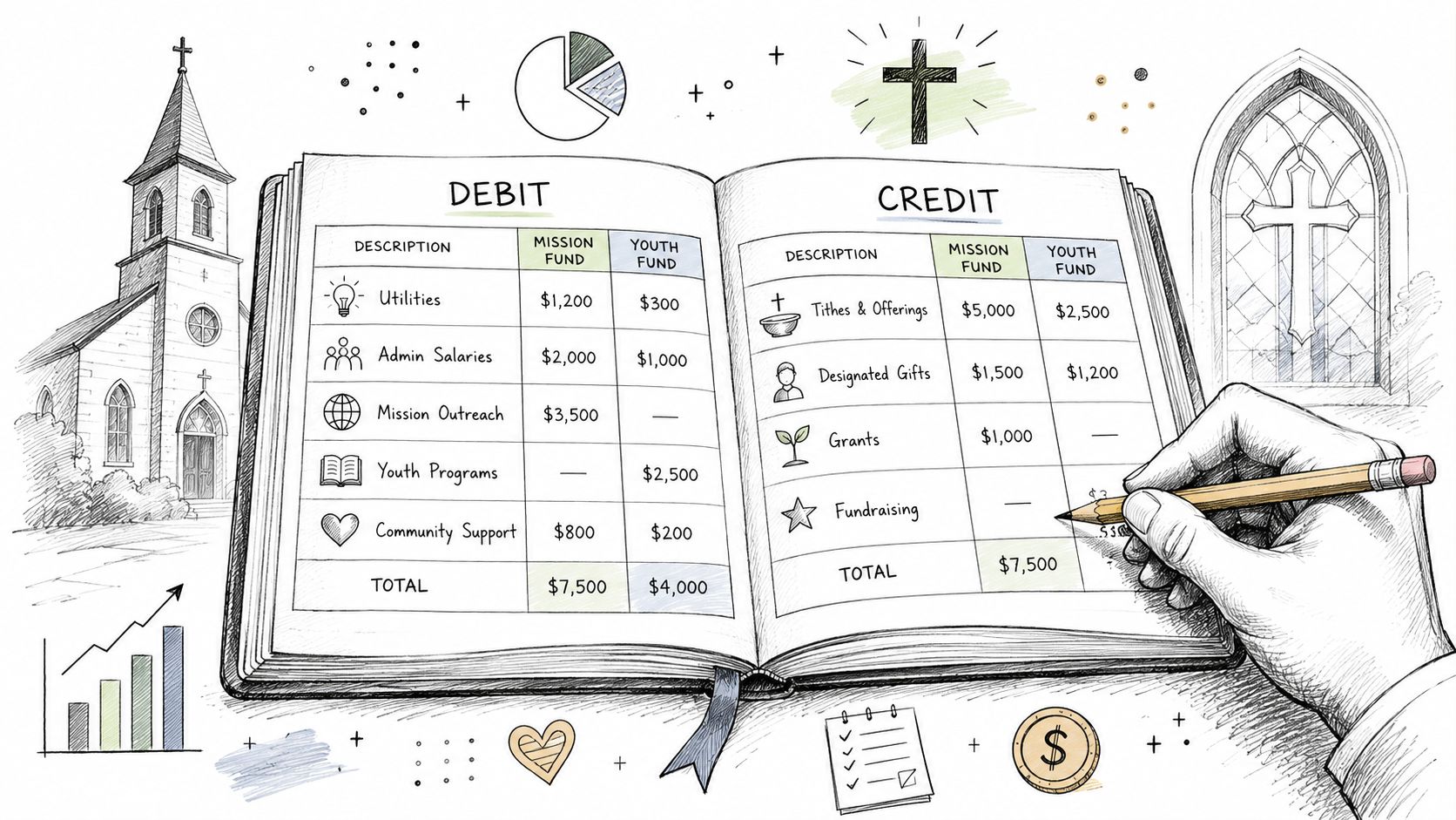 A hand writes in an accounting ledger illustrating church ministry funds allocation between debits and credits.
