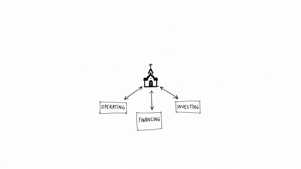 A diagram illustrates a church's financial activities, including operating, financing, and investing categories.