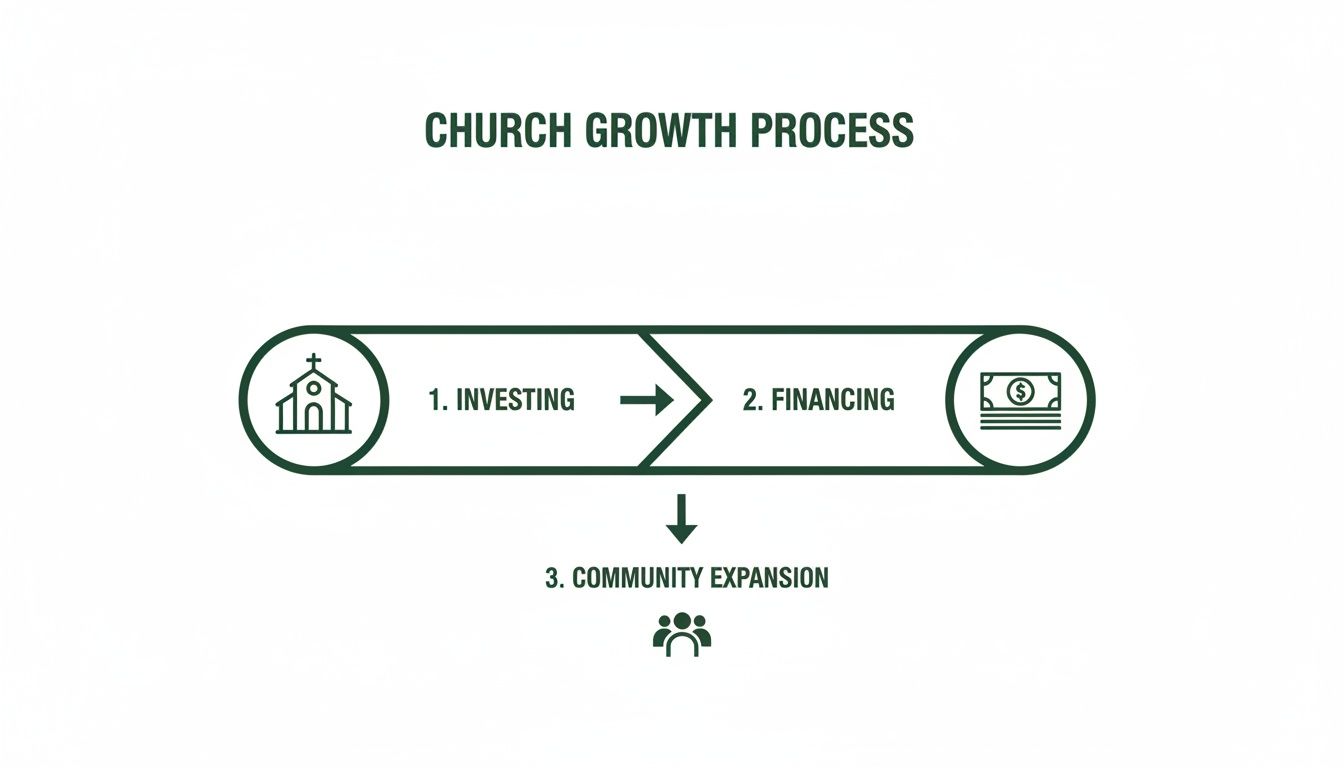 A diagram illustrating the church growth process, showing investing and financing leading to community expansion.