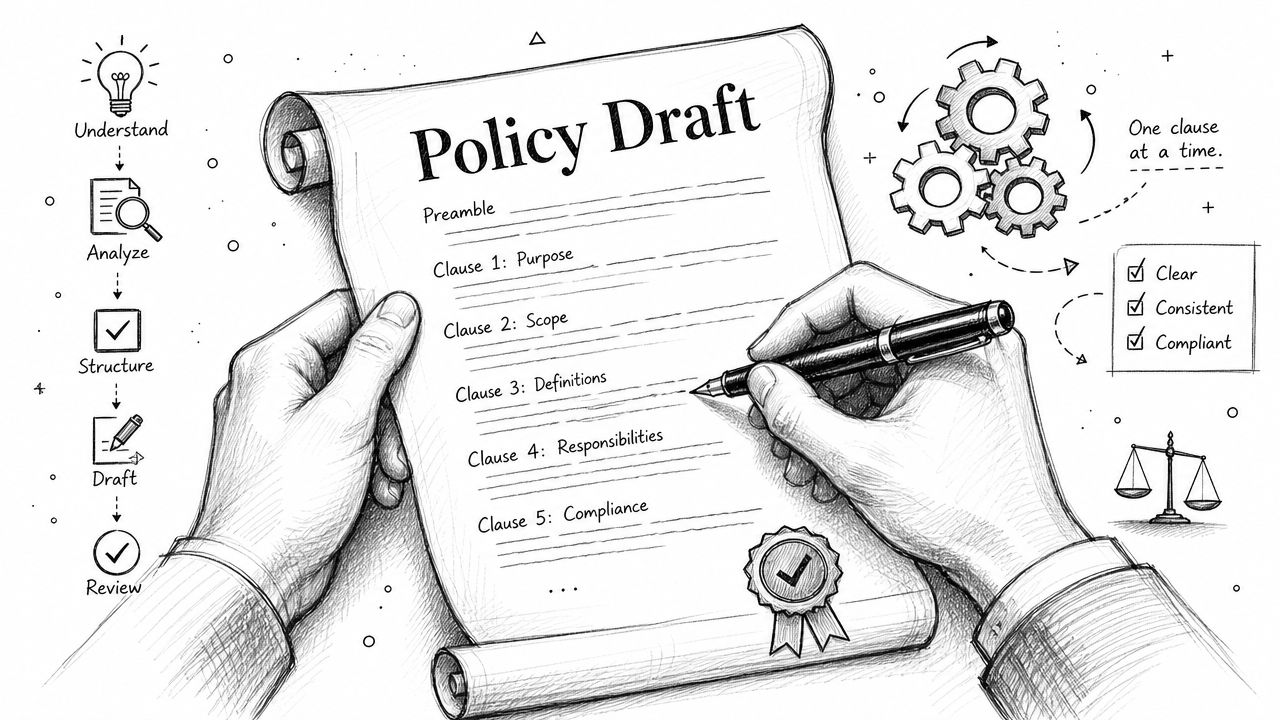 A hand holding a pen while drafting a document titled Policy Draft with various outlined sections.