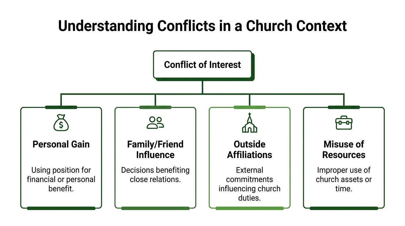 A flowchart titled Understanding Conflicts in a Church Context, listing four types of conflict of interest.