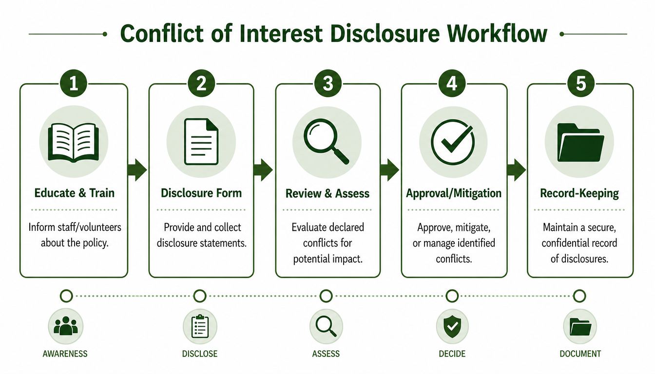 A five-step flowchart illustrating the conflict of interest disclosure workflow for organizations, staff, and volunteers.