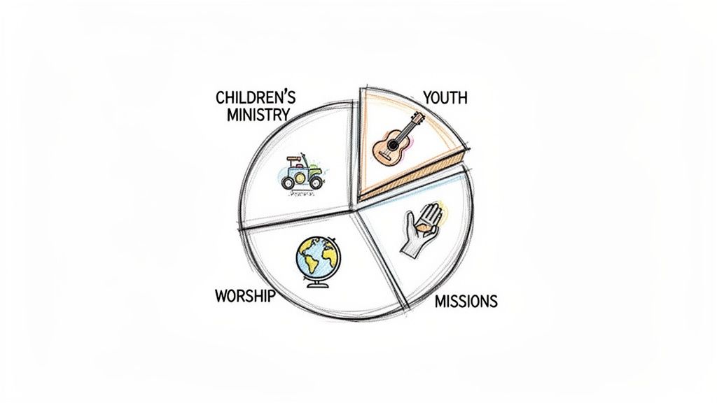 Hand-drawn pie chart illustrating four ministry areas: Children's, Youth, Missions, and Worship, with corresponding icons.