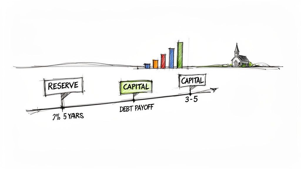 A hand-drawn financial timeline shows reserve, debt payoff, capital growth, and a church.
