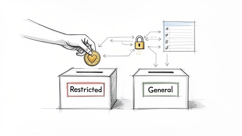 A hand deposits a coin into a 'Restricted' box, illustrating controlled fund allocation to 'General' via a lock and checklist.