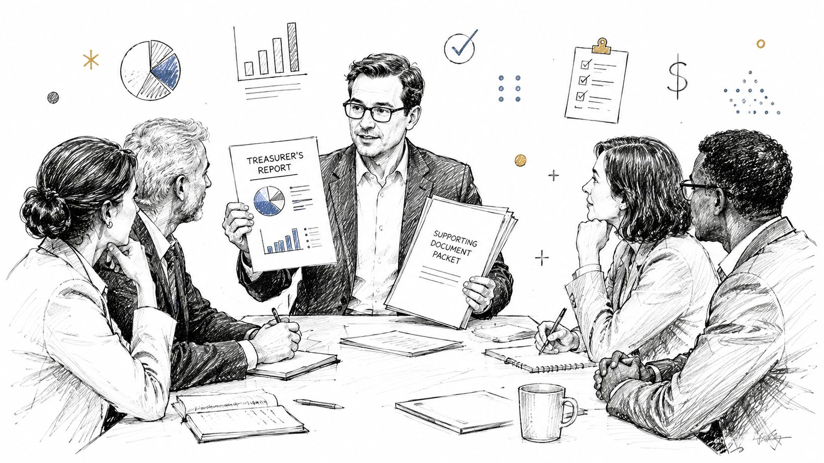 A professional business team sitting at a table reviewing a treasurer's report and supporting document packet.
