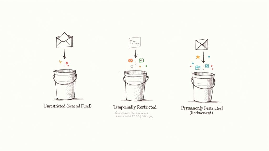 Diagram illustrating unrestricted, temporarily restricted, and permanently restricted (endowment) funds as money buckets.
