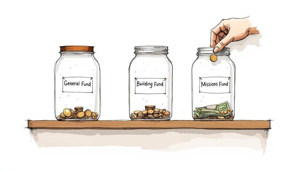 Three glass jars on a shelf labeled 'General Fund,' 'Building Fund,' and 'Missions Fund' containing money, with a hand donating.