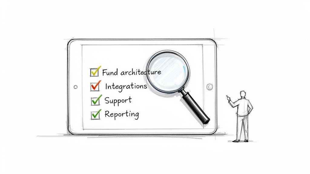 Sketch of a tablet showing a financial management checklist ('Fund architecture', 'Integrations', 'Support', 'Reporting') with a magnifying glass.