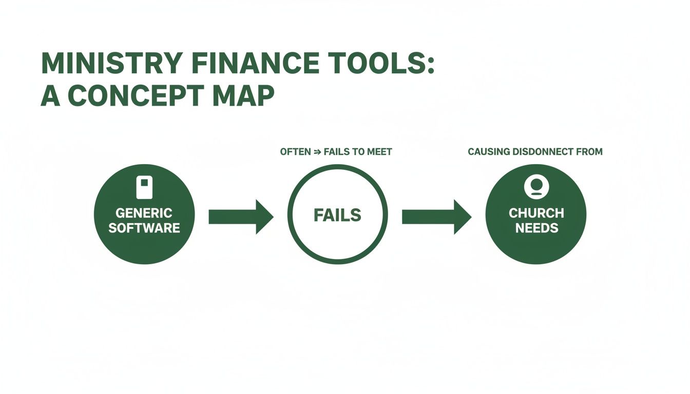 Concept map illustrating how generic software often fails to meet church finance needs, causing disconnect.