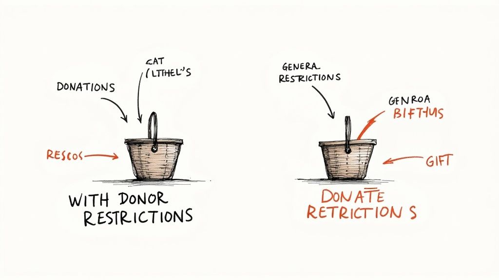 Two collection baskets, one labeled "General Fund" and the other "Building Fund," illustrating the concept of net assets with and without donor restrictions.