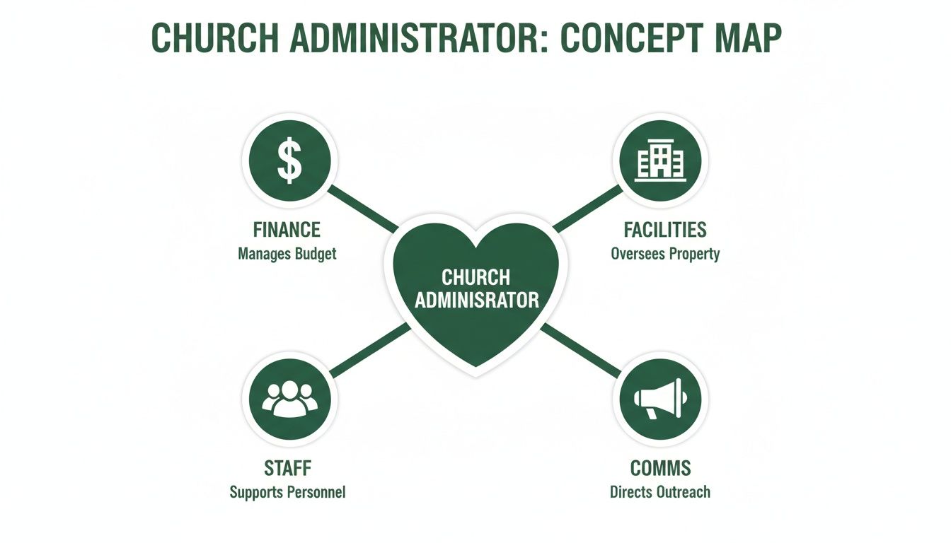 A concept map showing the core roles of a Church Administrator: Finance, Facilities, Staff, and Comms.