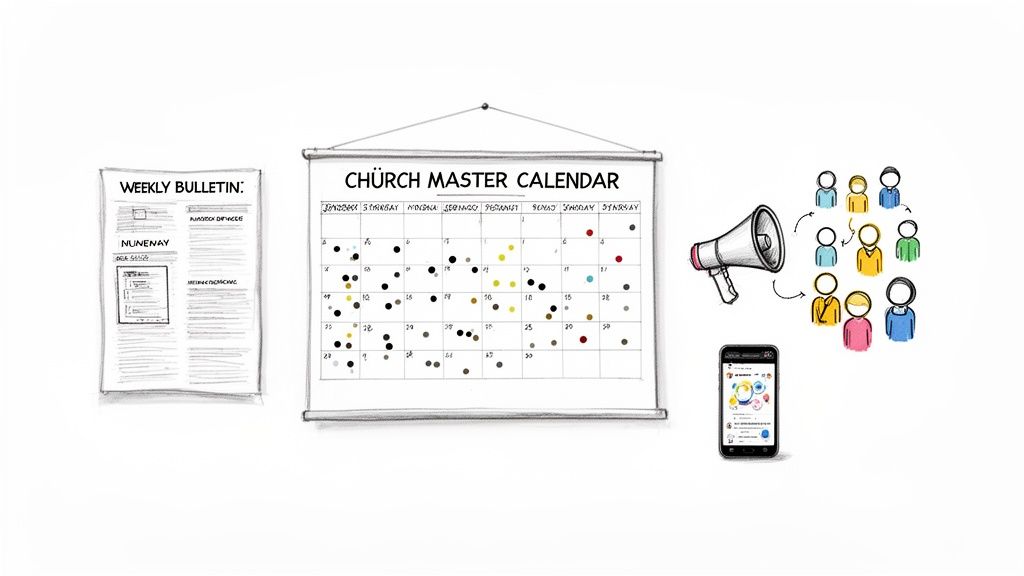 A church master calendar, weekly bulletin, megaphone, people, and smartphone showing church administration and communication.