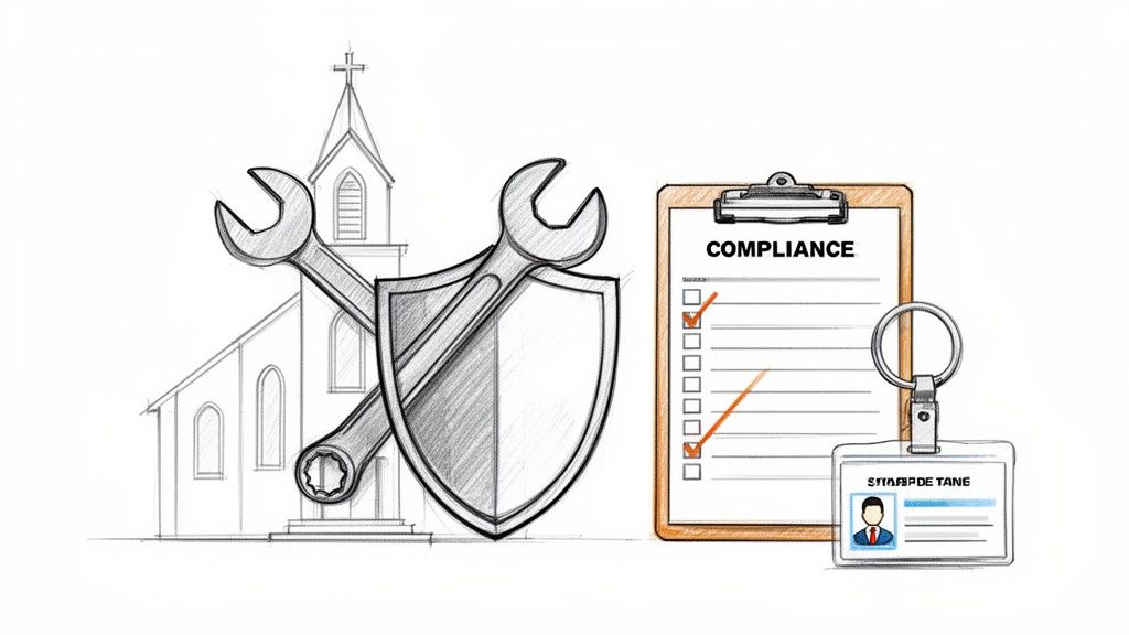 Illustration of a church, wrenches, a shield, compliance checklist, and an ID badge, symbolizing church administration and maintenance.
