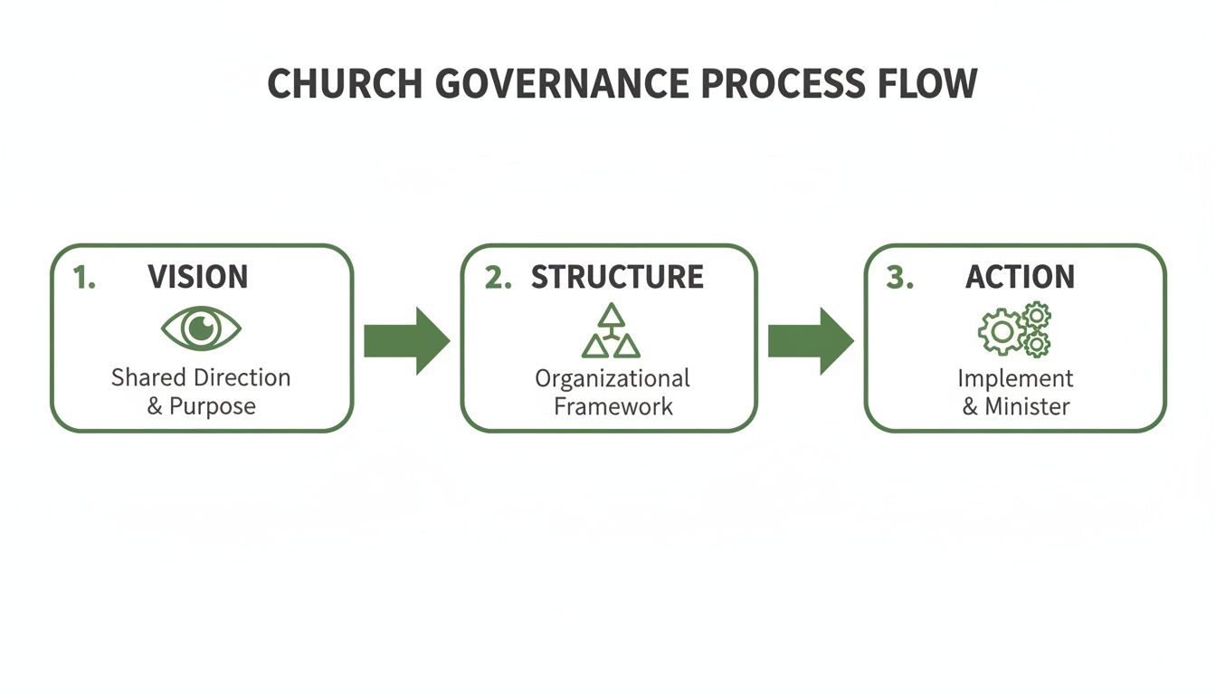 A three-step process flow diagram illustrating church governance: Vision, Structure, and Action.