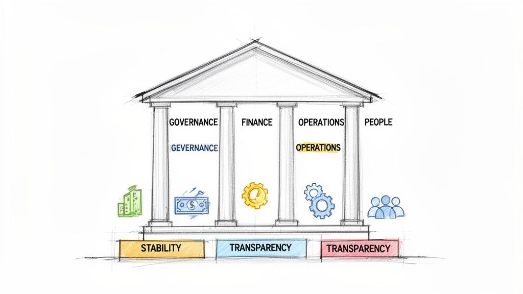 A diagram of a building showing governance, finance, operations, and people pillars on stability and transparency foundations.