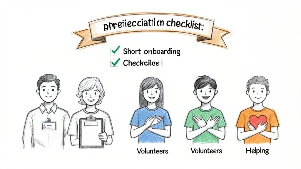 A checklist with items 'Short onboarding' and 'Checkciice l' above five cartoon people, including volunteers.