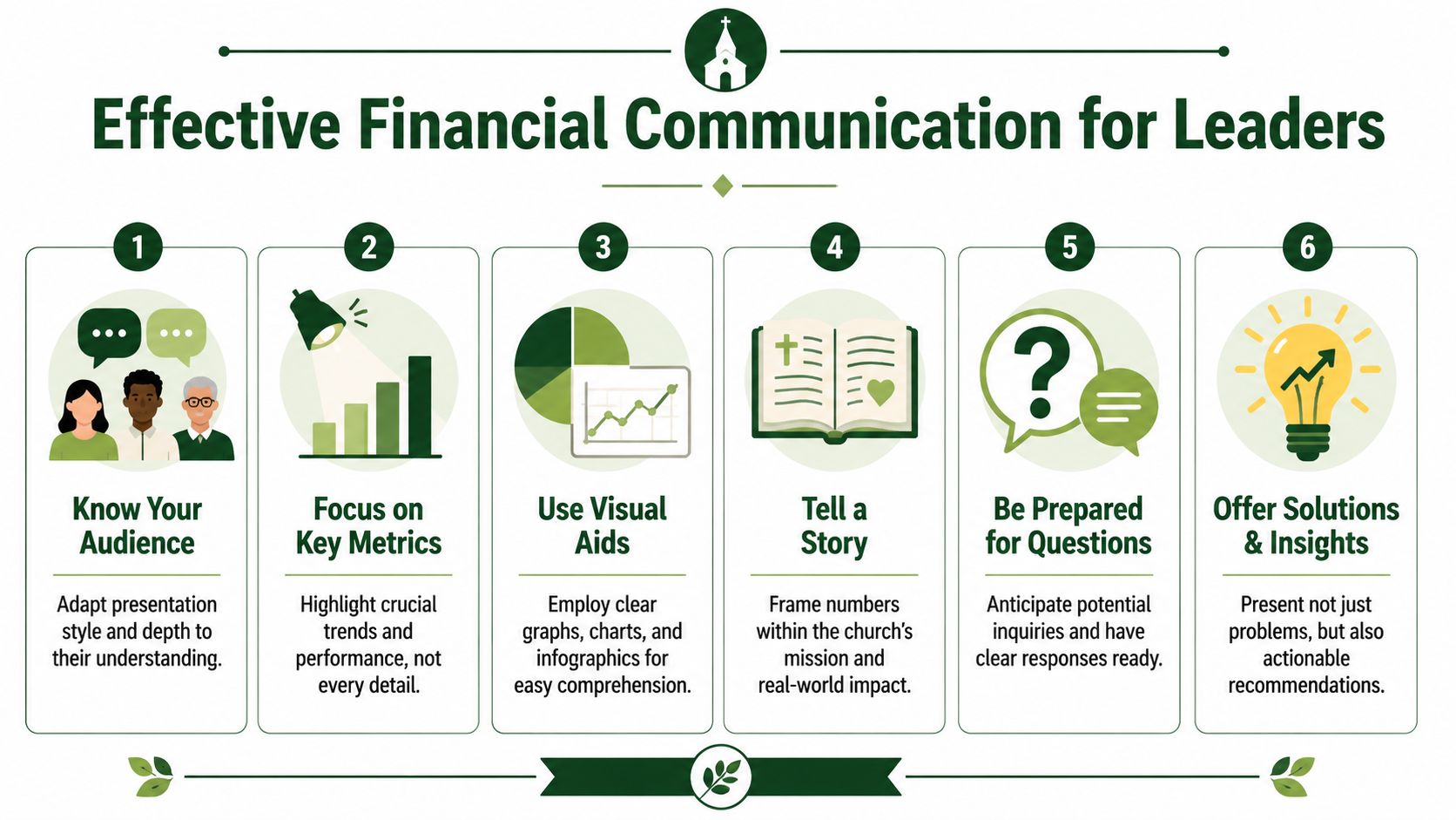 A guide infographic illustrating six key steps for effective financial communication for church leaders and organizations.