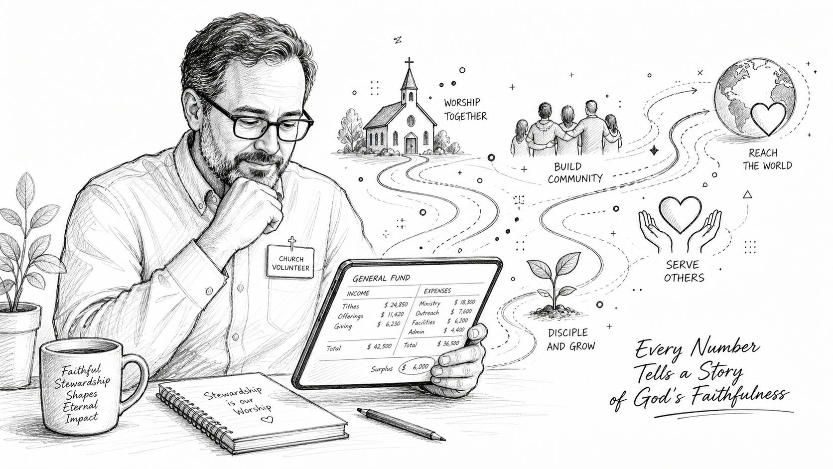A church volunteer reviewing a digital tablet displaying financial reports with illustrations showing ministries and community outreach.