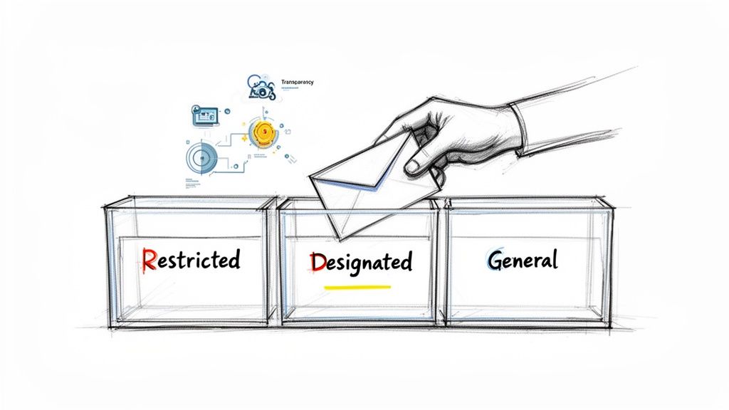 A hand drops an envelope into the 'Designated' box, alongside 'Restricted' and 'General' categories, with transparency icons.